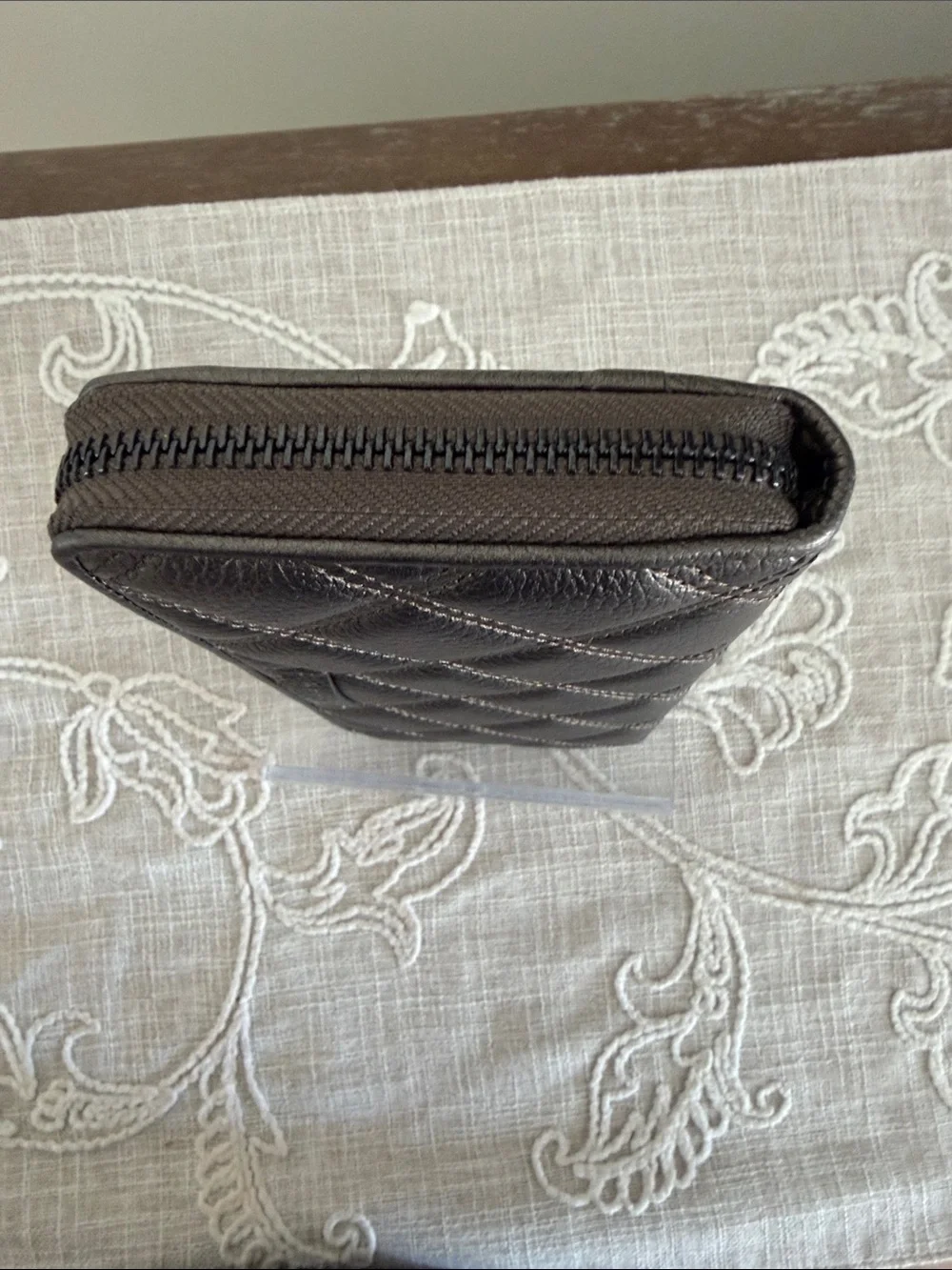 Cole Haan Quilted Metallic Grey Pewter Zip Around Wallet with Tassel Pull